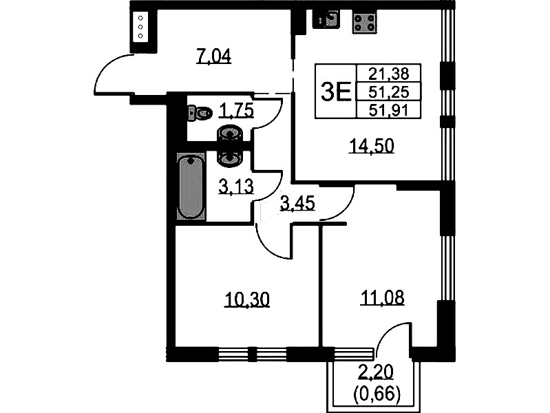 2-комнатная квартира 51.91 м², 2/17 эт., ЖК «Невская Долина»